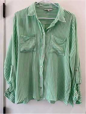 LOVE TREE Green & White Striped Button Down Shirt Super Soft Cover Up Or Shirt L
